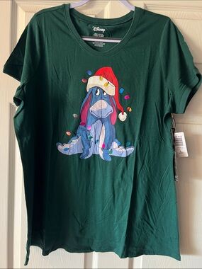 Disney Green Eeyore Christmas Tee with Red Santa Hat